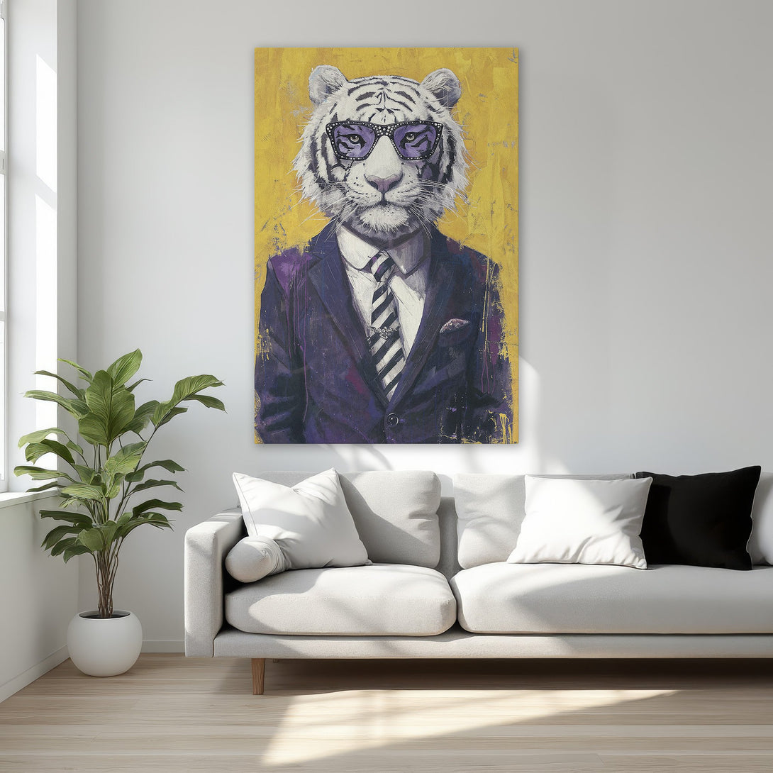 Framed Wall Art of a tiger in a suit with glasses. Modern art with a yellow, purple, and white color palette. Elevate your home decor!