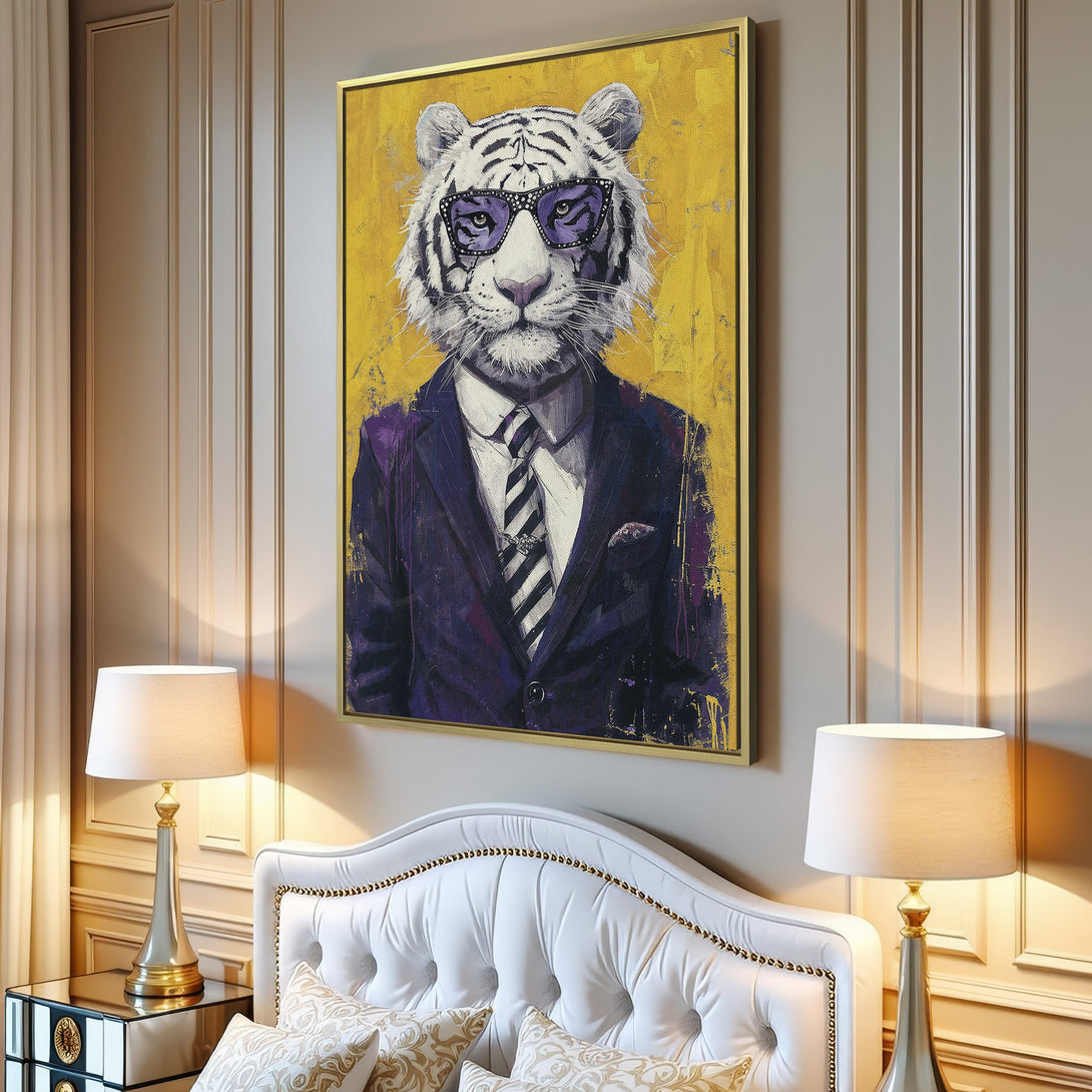 Canvas Print featuring a dapper tiger in a suit with purple accents, set against a yellow background. Modern art with a unique, stylish look.