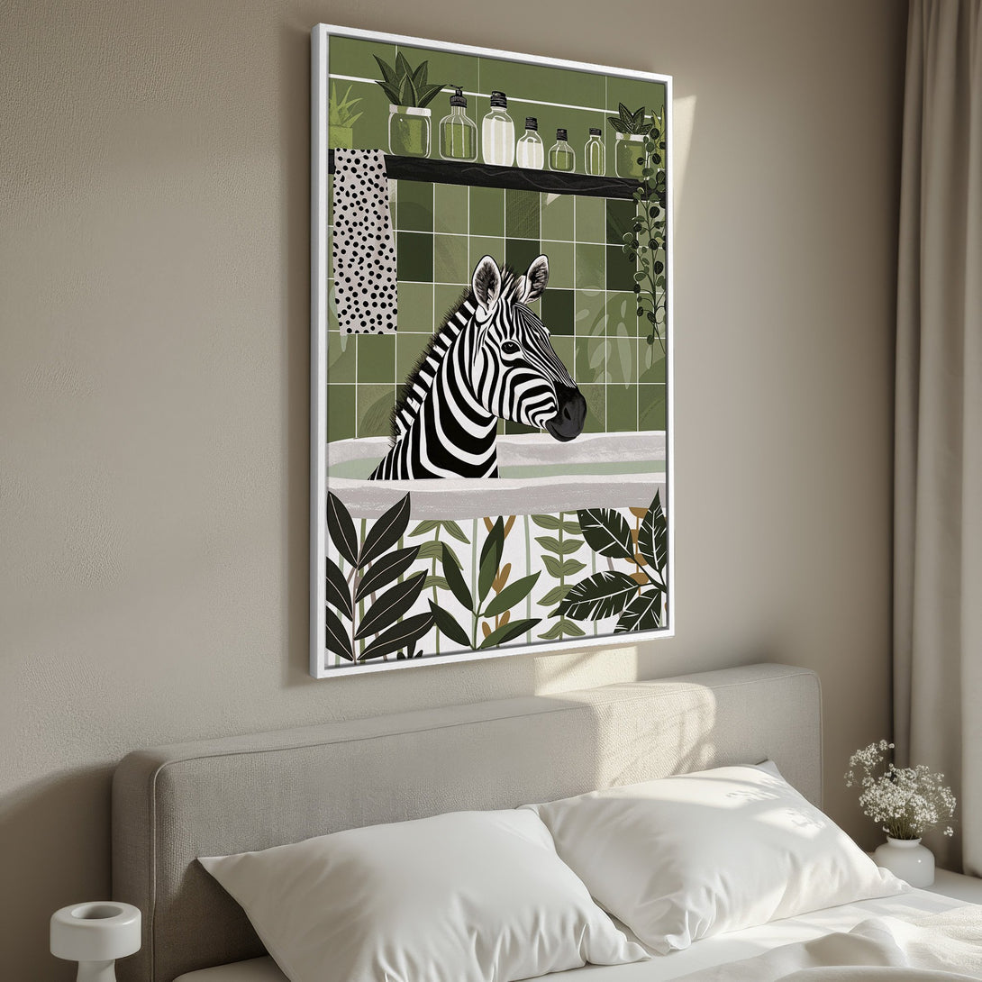 Framed Wall Art featuring a whimsical zebra in a bathtub, botanical illustration in shades of green and black, adding a touch of modern art to any space.