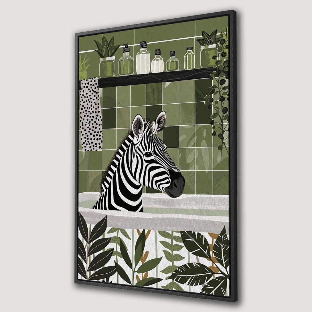 Framed Wall Art: Zebra in a bathtub, botanical illustration in a modern style. Green, black, and white color palette. Perfect for bathroom decor.