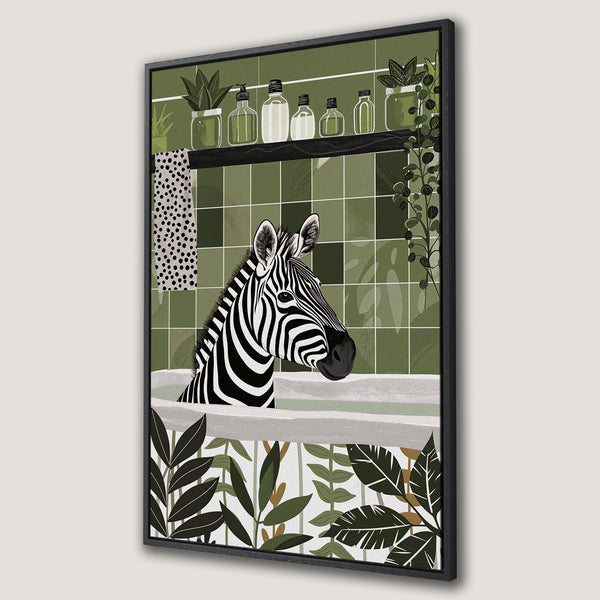 Framed Wall Art: Zebra in a bathtub, botanical illustration in a modern style. Green, black, and white color palette. Perfect for bathroom decor.