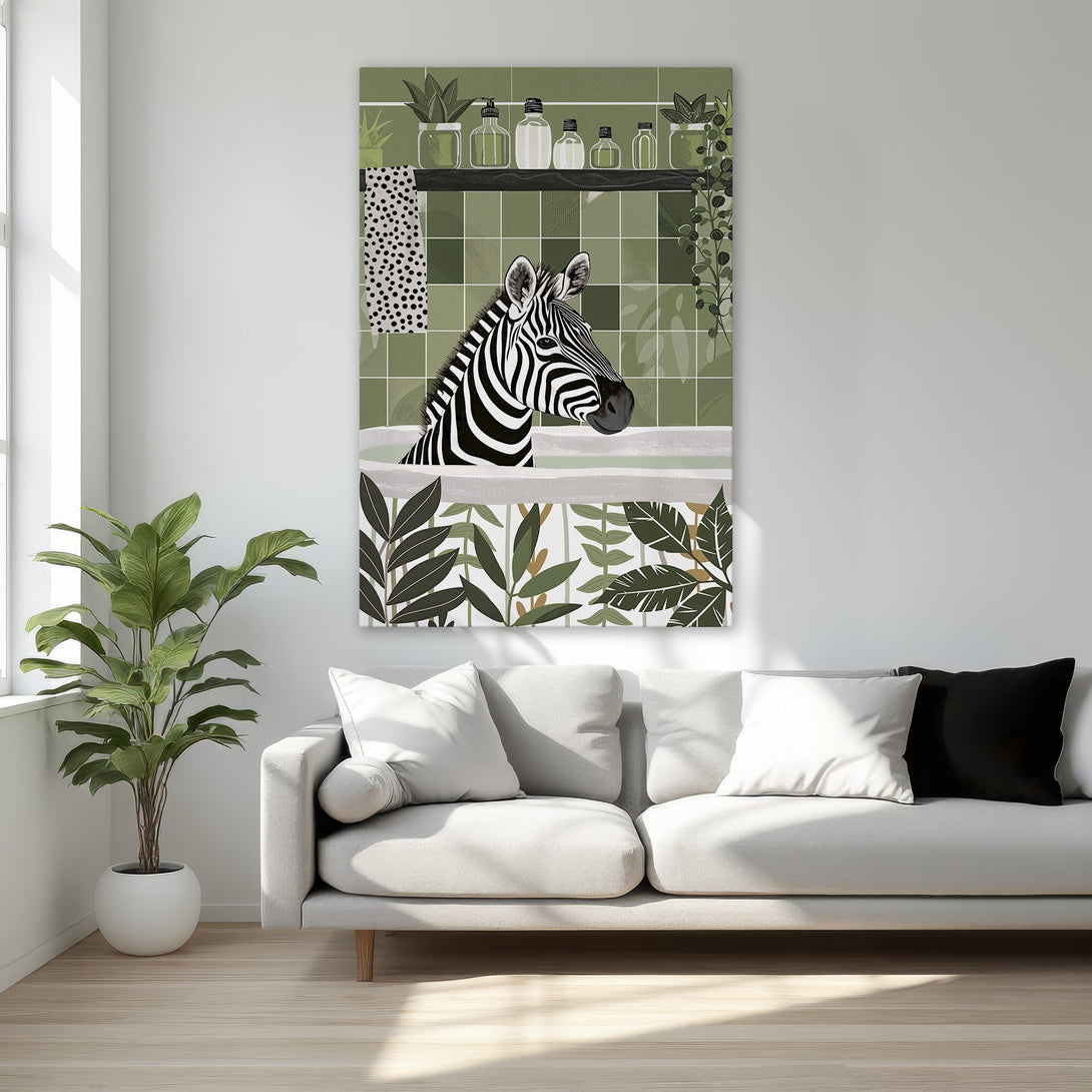 Framed Wall Art featuring a zebra in a bathtub, botanical & green color palette. Modern style canvas print for your home decor.