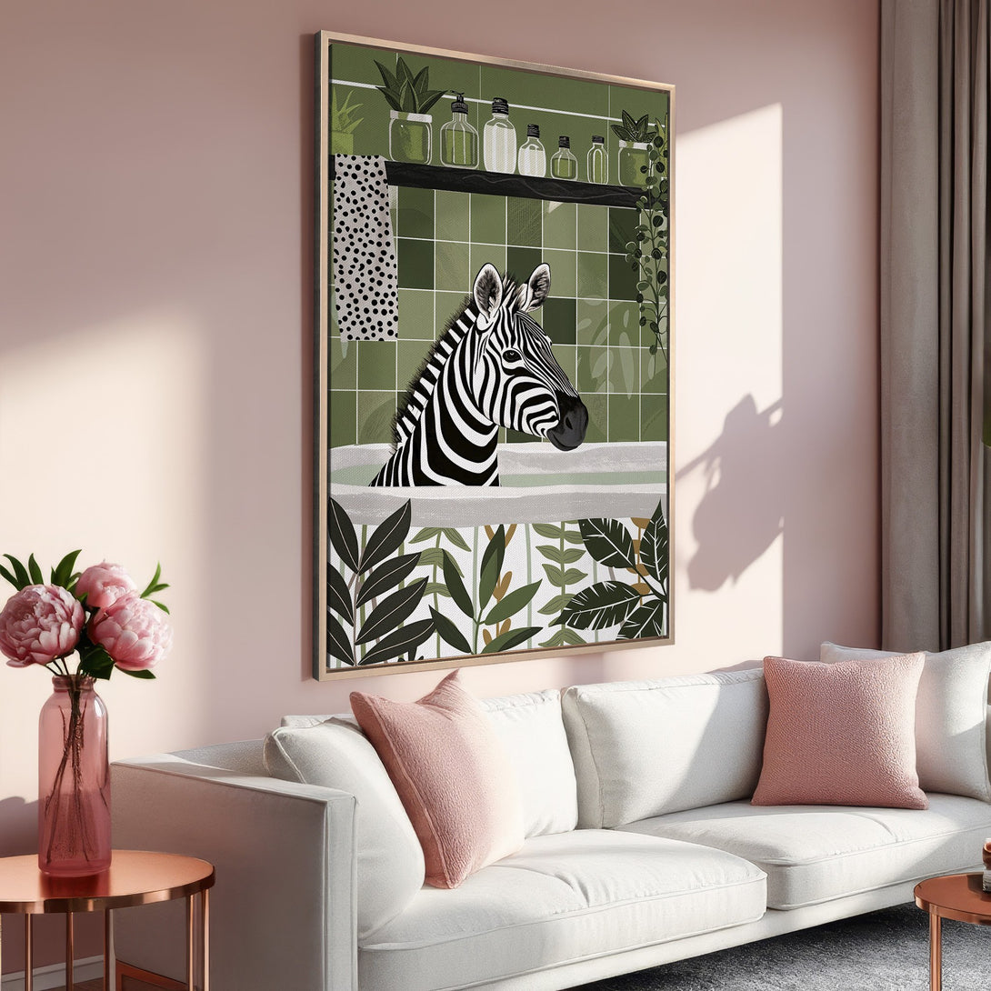 Framed Wall Art featuring a zebra in a bathtub, modern style. Green and black artwork with a pink interior. Perfect for adding a touch of fun!
