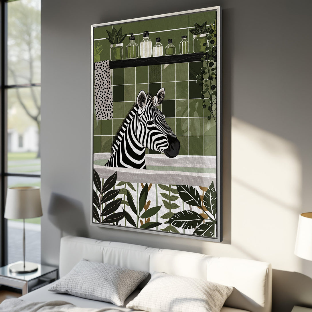 Framed Wall Art featuring a zebra in a bathtub, modern illustration style. Green and white color palette, perfect for adding a touch of whimsy to your decor.