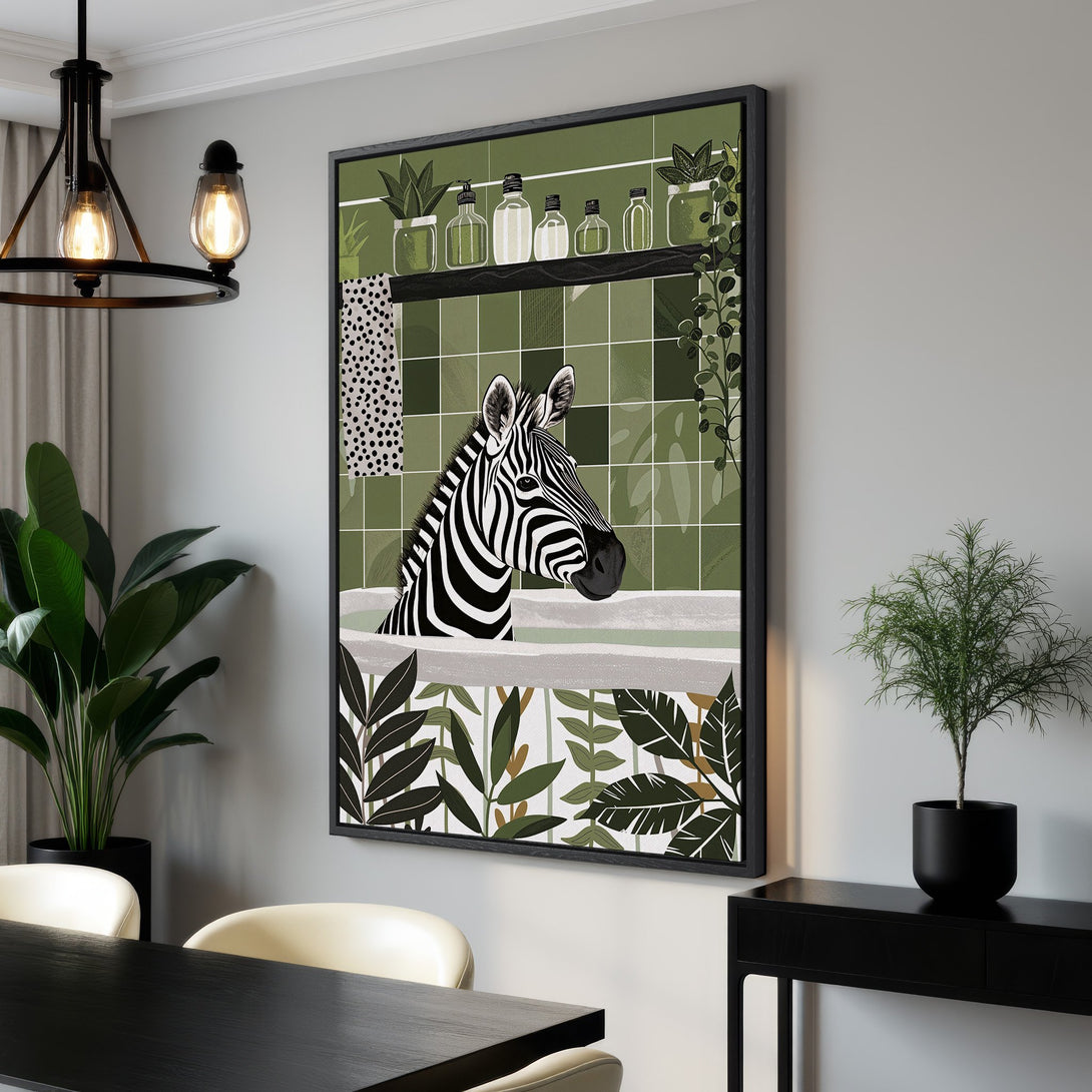 Framed Wall Art featuring a zebra in a bathtub, modern style with green and black color palette. Perfect for adding a touch of whimsy to your home decor.
