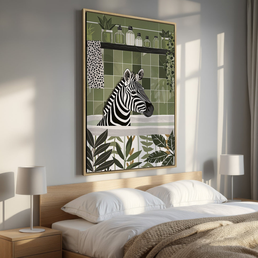 Framed Wall Art featuring a zebra in a bathtub, modern illustration style with green and neutral tones, perfect for bedroom decor.