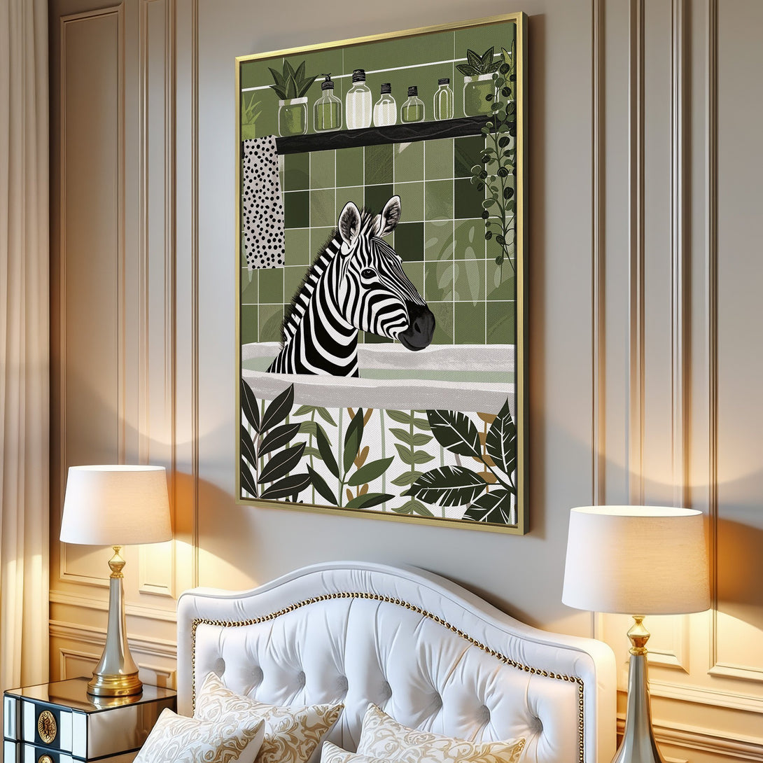 Canvas Print featuring a zebra in a bathtub, modern botanical style, with a green and neutral color palette. Perfect for bathroom decor.