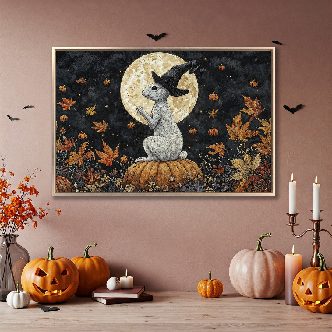Framed Wall Art: Halloween-themed rabbit on a pumpkin, with a dark, autumnal color palette. Perfect for spooky season decor!