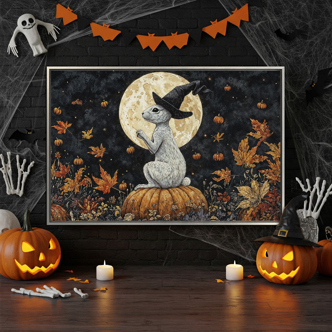 Framed Wall Art: Whimsical Halloween scene with a rabbit in a witch hat. Warm, autumnal color palette. Perfect spooky decor for your home!