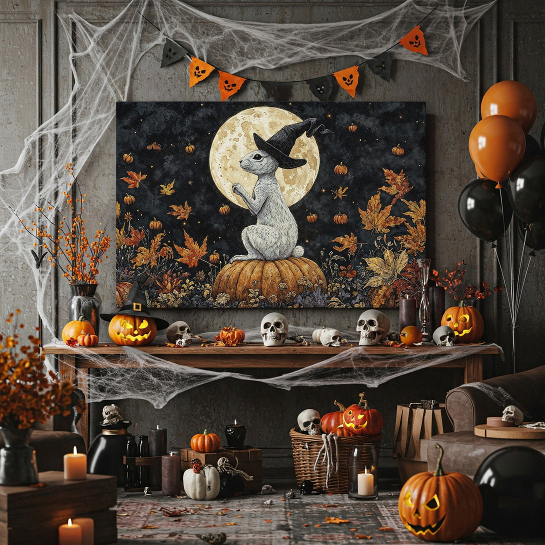Framed Wall Art: Whimsical Halloween bunny print in warm autumn tones. Perfect spooky decor for your home!