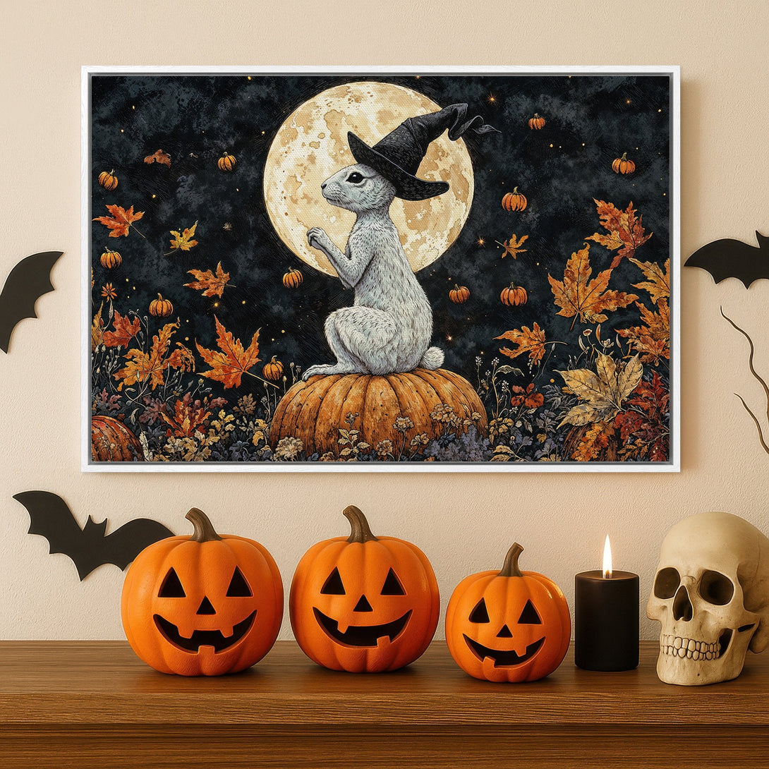 Framed Wall Art: Halloween rabbit in witch hat on pumpkin, dark & orange color palette. Spooky decor for fall.