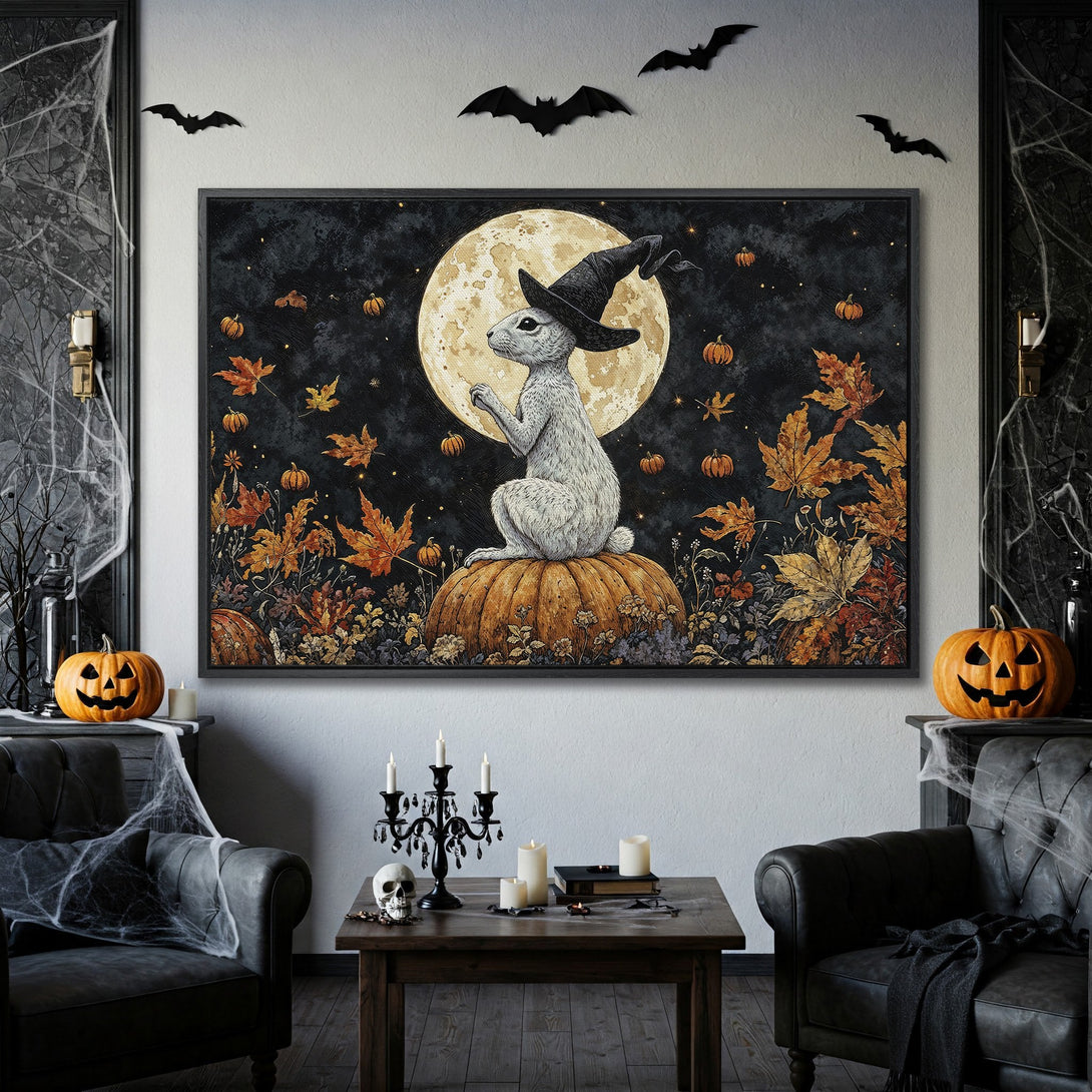 Framed Wall Art: Spooky Halloween rabbit in witch hat on pumpkin, dark & warm color palette. Perfect for fall decor!