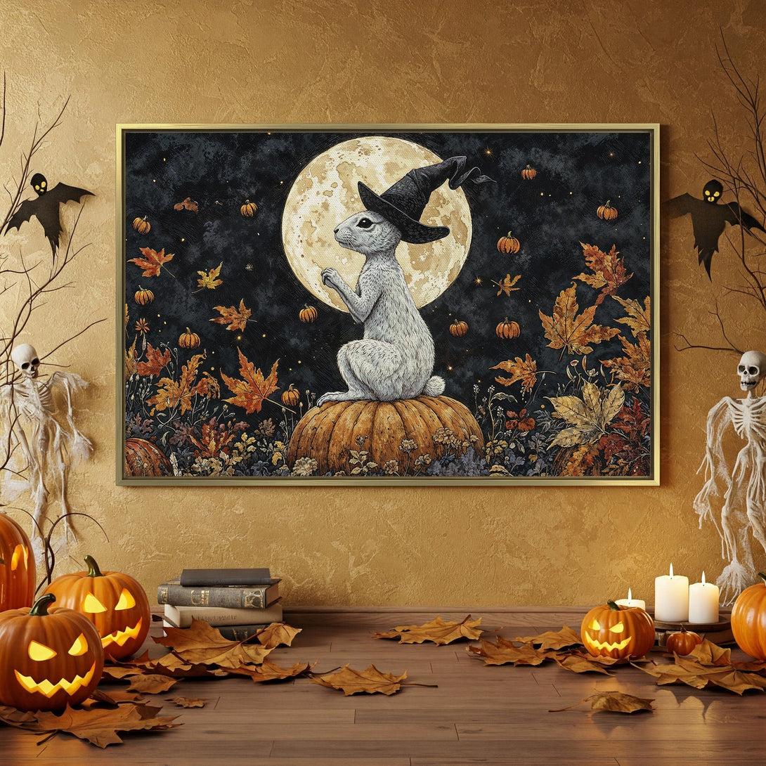 Halloween Canvas Print featuring a witch rabbit in a moonlit scene. Warm autumn palette with black, orange, and gold tones. Perfect spooky wall art!