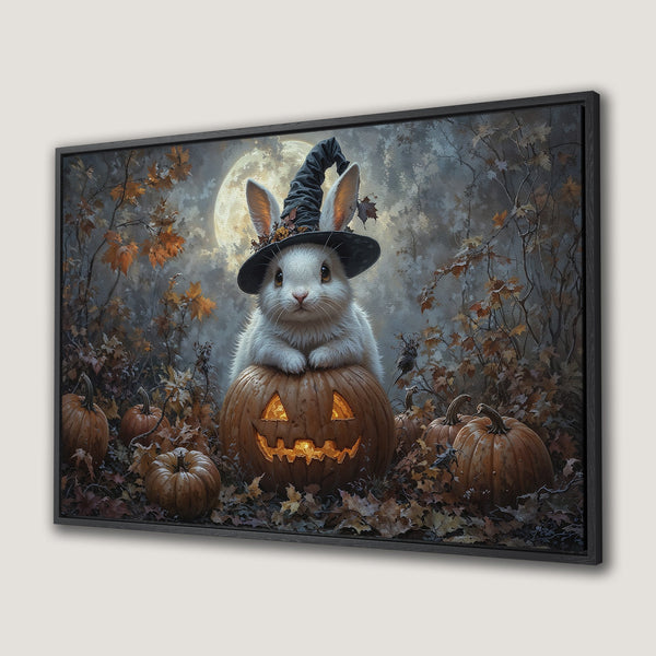 Framed Wall Art: Adorable Halloween bunny in a witch hat on a pumpkin. Autumnal color palette with a whimsical, illustrative style. Perfect seasonal decor!
