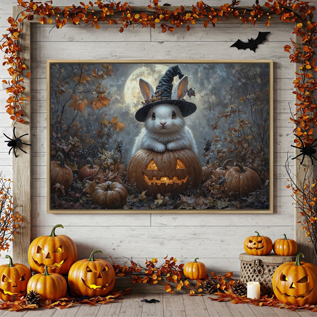 Framed Wall Art: Adorable Halloween bunny in a witch hat on a pumpkin. Warm orange, brown, and gray fall color palette. Perfect seasonal decor.