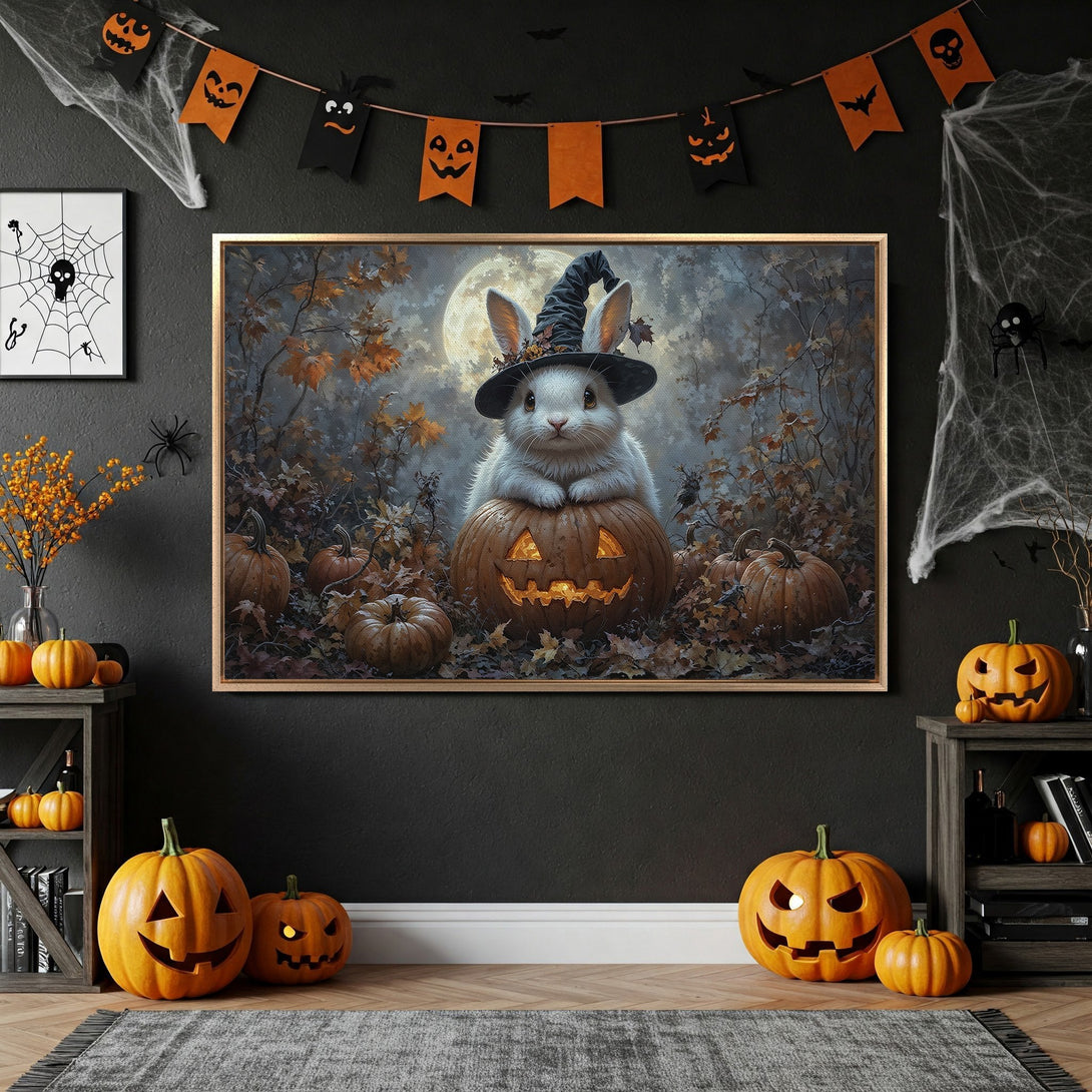 Framed Wall Art: Halloween bunny in a witch hat on a pumpkin, warm autumn tones. Perfect spooky decor for your home.