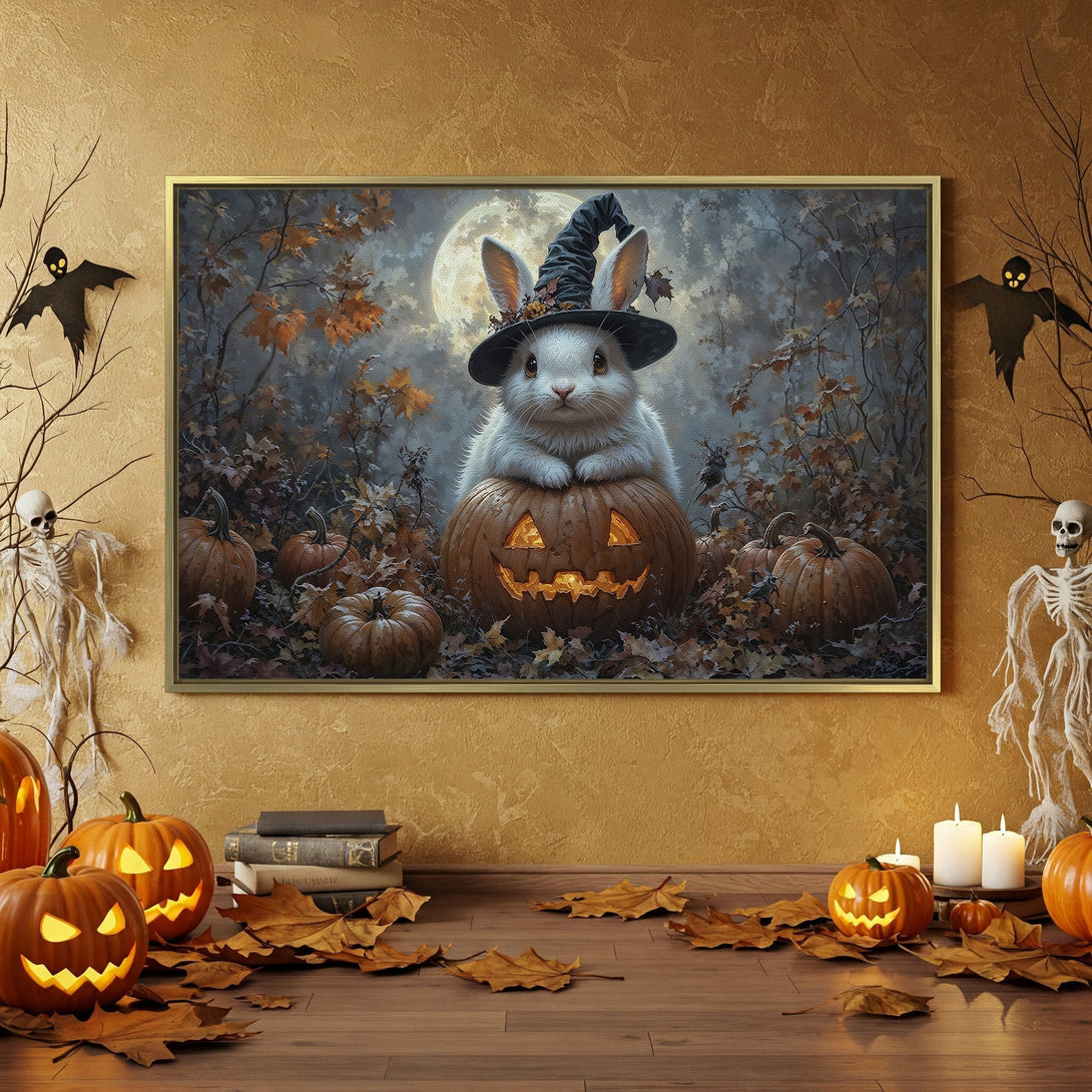 Halloween Canvas Print featuring a bunny in a witch hat, surrounded by pumpkins, in a moody, autumn color palette. Perfect for spooky decor!