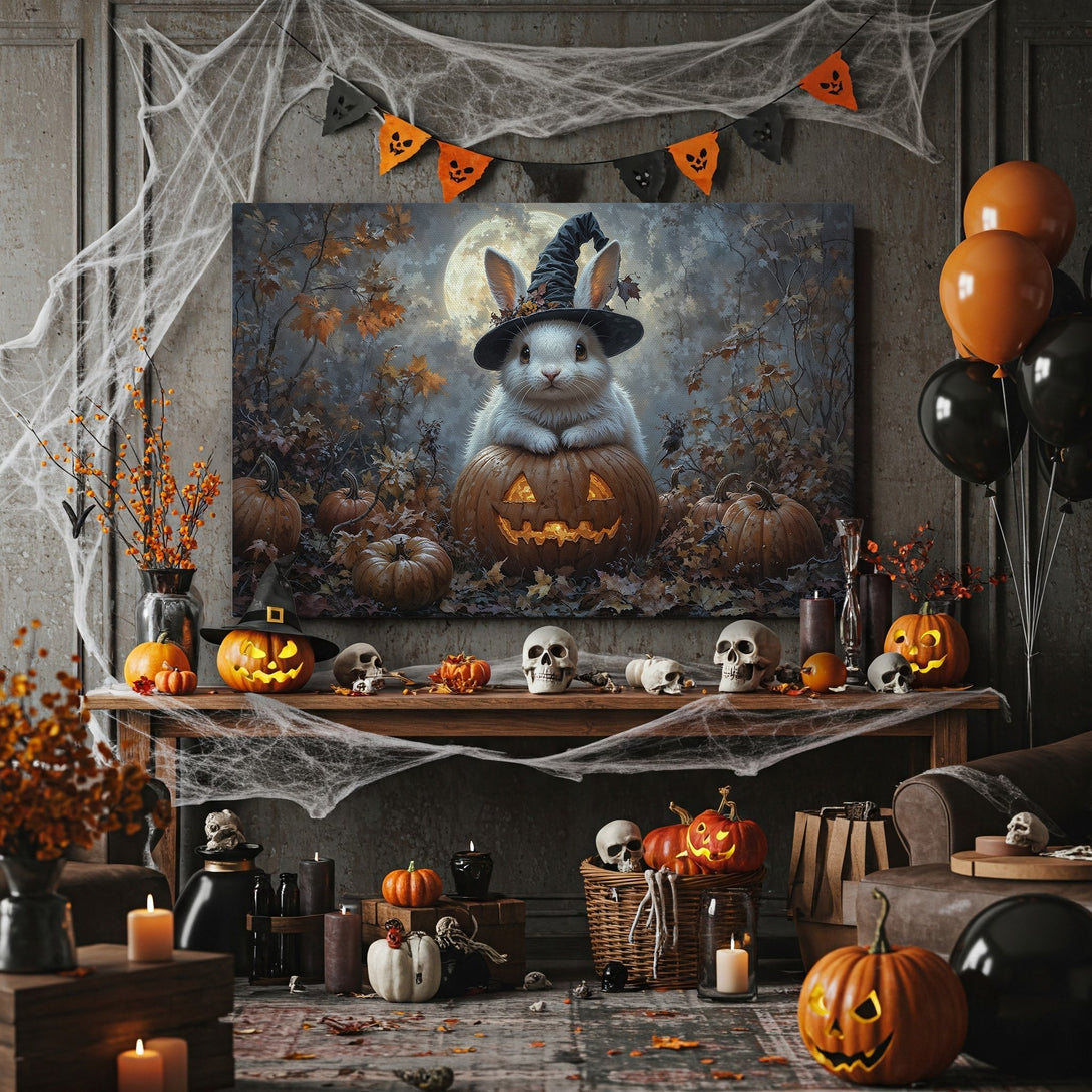 Framed Wall Art: Adorable Halloween bunny in a witch hat on a pumpkin, surrounded by autumn foliage. Warm, inviting color palette for spooky seasonal decor.
