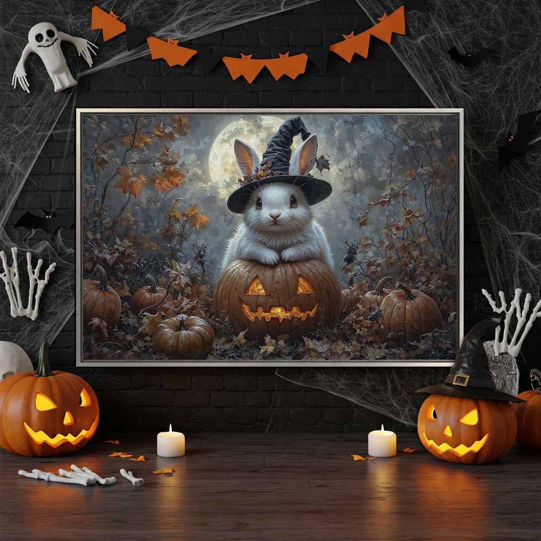 Framed Wall Art: Halloween bunny in a witch hat on a pumpkin, autumn colors. Perfect spooky decor for your home!