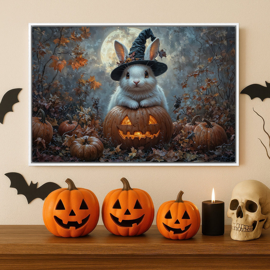 Framed Wall Art: Adorable Halloween bunny in a witch hat on a pumpkin, surrounded by fall foliage. Warm orange, brown, and gray tones. Perfect for spooky decor!