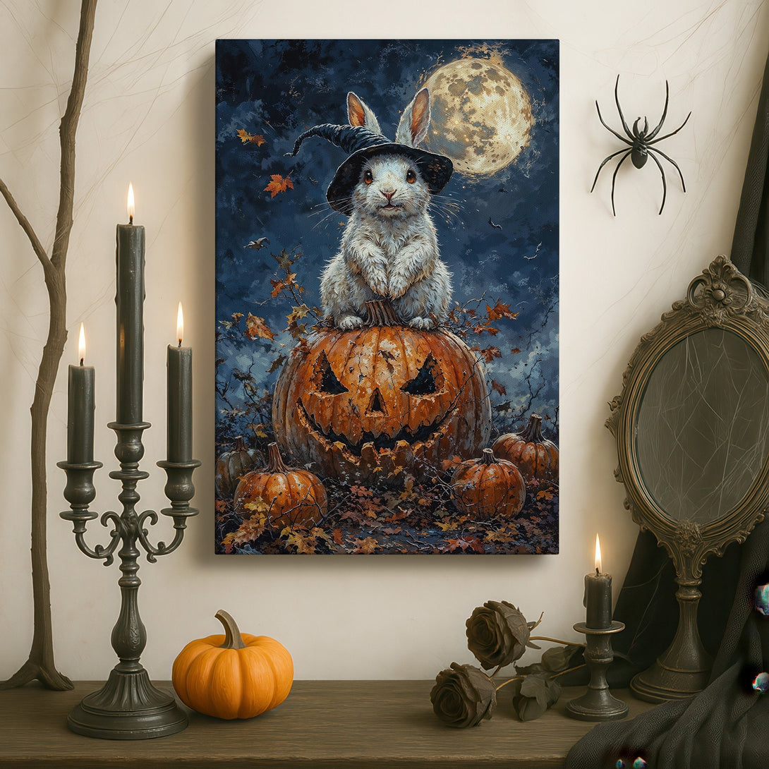 Framed Wall Art: Whimsical Halloween rabbit on a pumpkin, dark blue and orange palette. Perfect for spooky season decor!