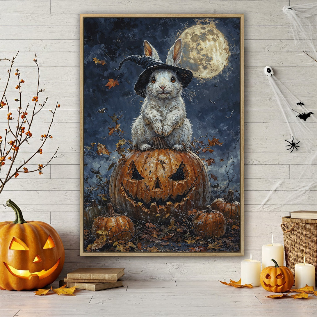 Framed Wall Art: Whimsical Halloween bunny on a pumpkin, dark blue & orange palette. Perfect spooky decor for your home!
