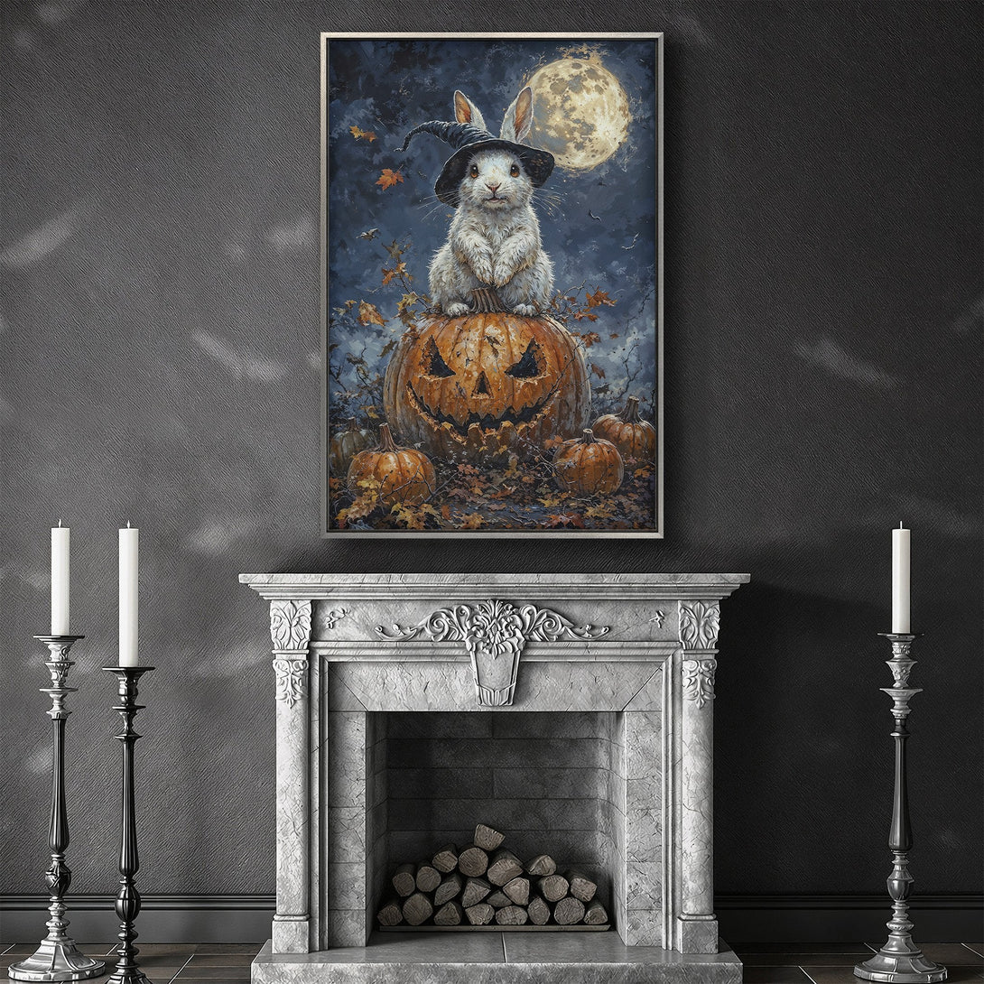 Framed Wall Art featuring a Halloween bunny on a pumpkin, with a dark, moody color palette. Perfect for spooky decor!