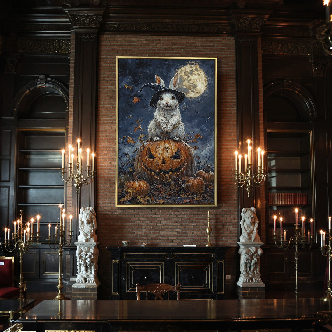 Canvas Print: Halloween art featuring a bunny in a witch hat on a pumpkin. Dark blue, orange, and brown color palette. Spooky wall decor.