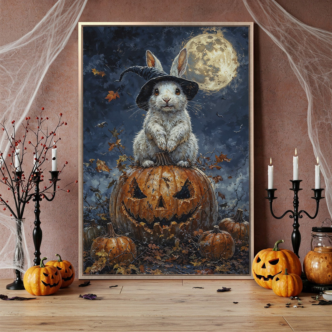 Framed Wall Art: Spooky Halloween bunny on a jack-o'-lantern, dark blue & orange palette. Perfect for fall decor! Add this unique art piece to your home.