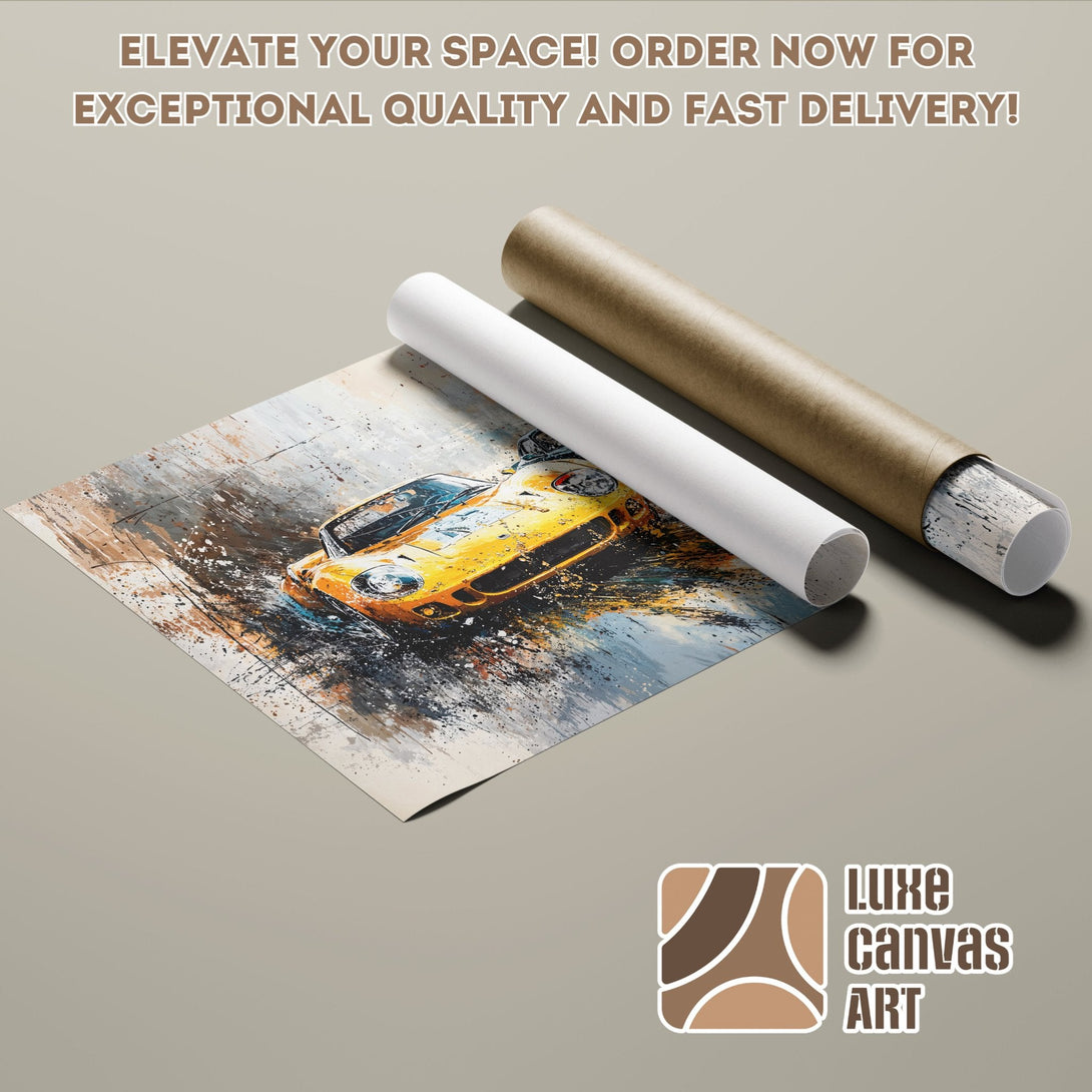 Poster Roll of a yellow sports car, abstract art style, with a neutral color palette.
