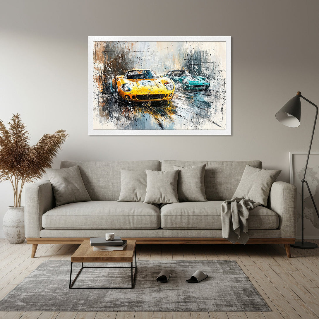 Framed Poster of classic cars in an abstract style. Features a vibrant yellow and teal color palette. Perfect wall art for car enthusiasts.