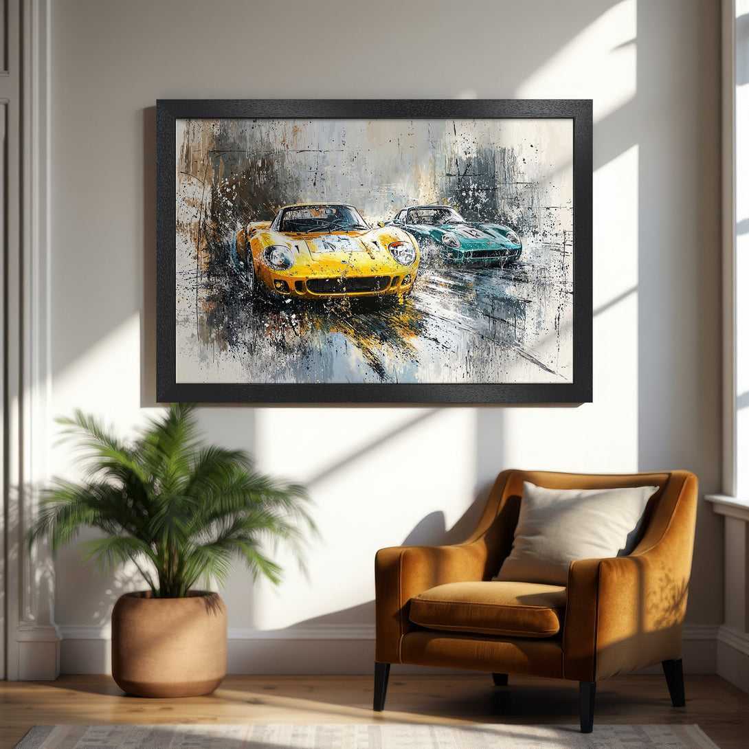 Framed Poster featuring abstract art of classic race cars. Bold yellow & green cars on a neutral background. Perfect for car enthusiasts!