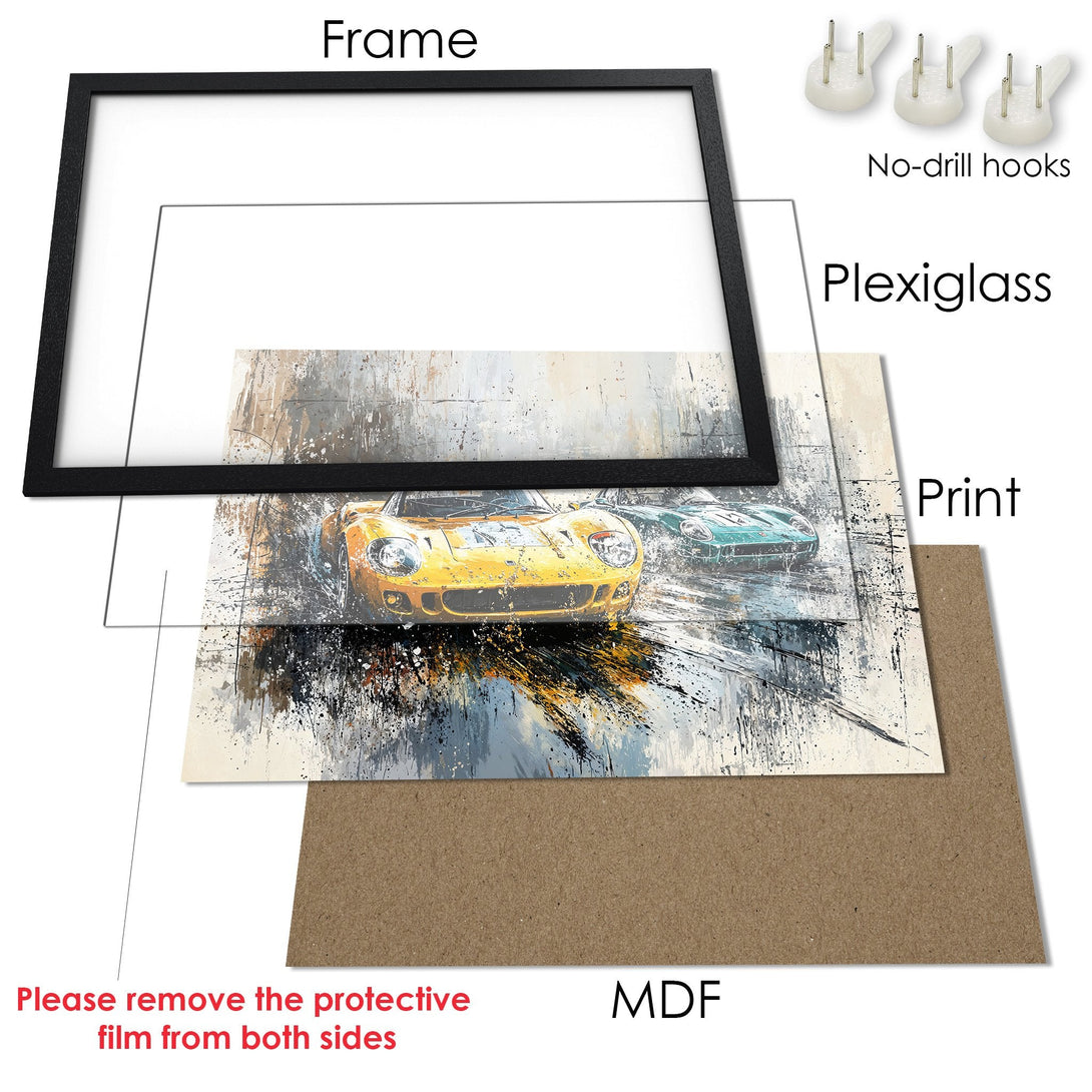 Framed Poster featuring a vintage sports car in an abstract style. Neutral & yellow color palette. Perfect wall art!