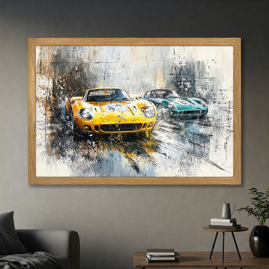 Framed Poster featuring classic race cars in a dynamic, abstract style. Yellow and teal cars on a neutral, splatter-paint background. Perfect wall art!