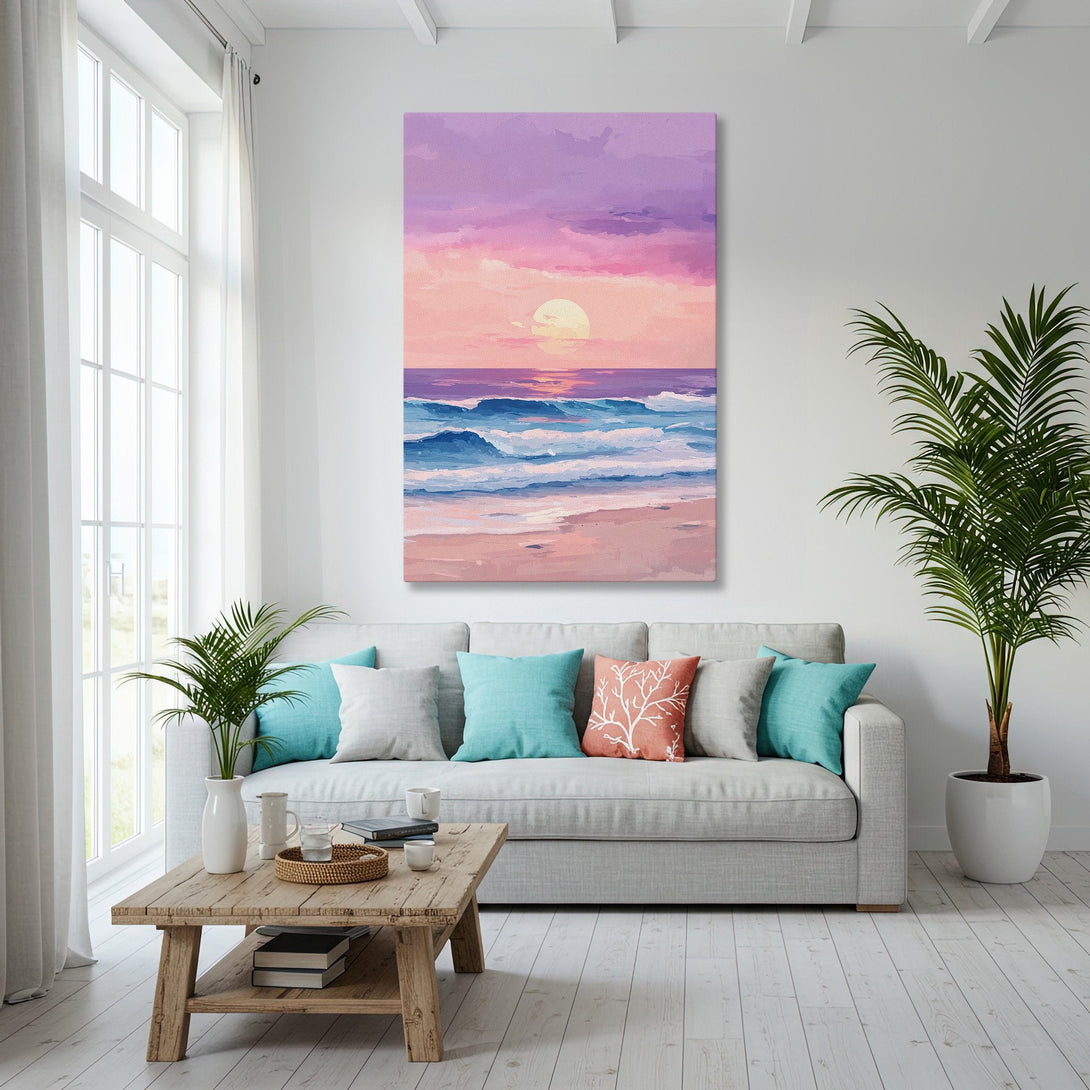 Framed Wall Art: Coastal sunset Canvas Print in a modern living room. Pastel pink, purple, and blue color palette. Perfect for beach house decor.