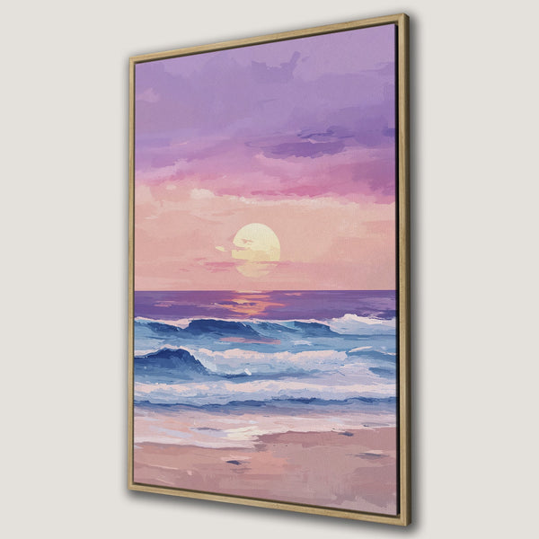 Framed Wall Art: Serene sunset over ocean waves in a dreamy, impressionistic style. Features a calming palette of pinks, purples, and blues. Perfect for coastal decor.