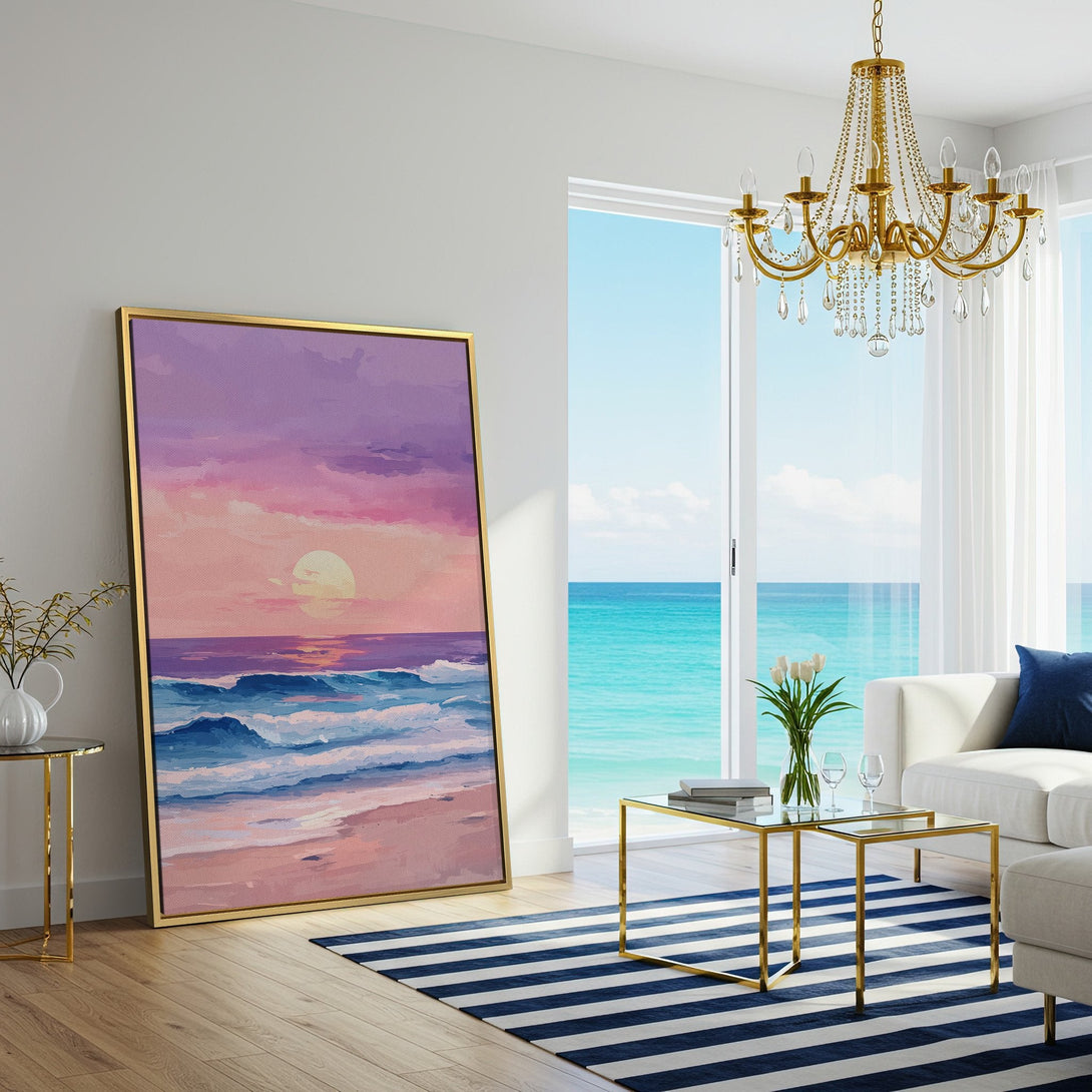 Canvas Print of a sunset over the ocean in a coastal style, featuring a pink, purple, and blue color palette. Perfect wall art for any room.