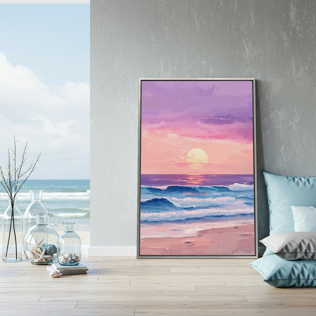 Framed Wall Art of a sunset beach scene in a pastel color palette. Add coastal vibes to your home with this beautiful canvas print!
