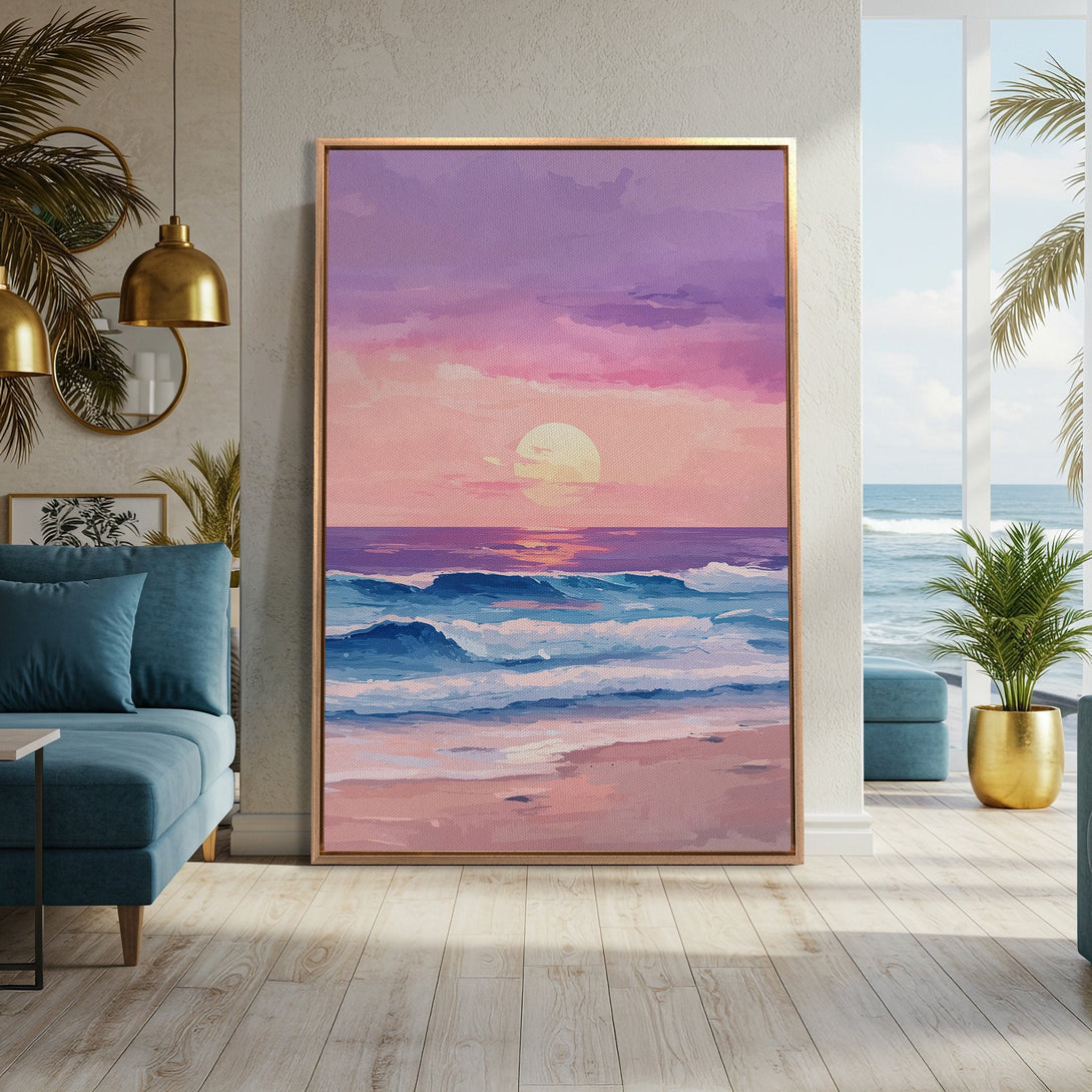 Framed Wall Art: Coastal sunset painting in pastel pinks and blues. Bring the serene beauty of the ocean into your home with this stunning canvas print!