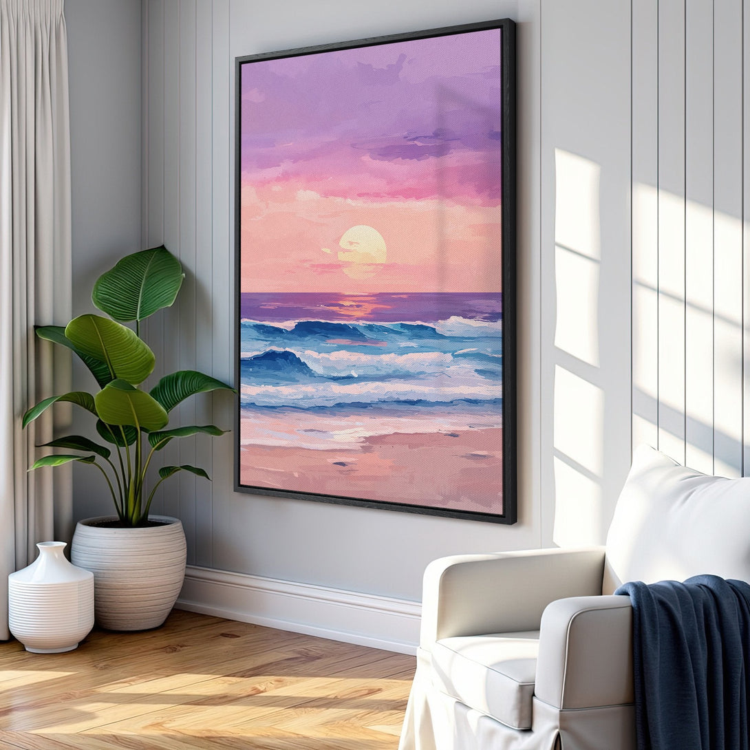 Framed Wall Art: Coastal sunset painting in pastel pinks, purples, and blues. Adds a serene touch to any space. Perfect for beach house decor!