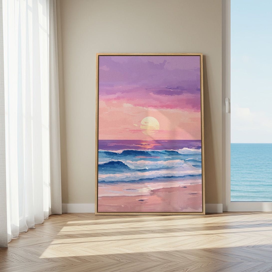 Framed Wall Art Canvas Print of a sunset beach scene in a pastel color palette. Coastal decor for a serene living space.
