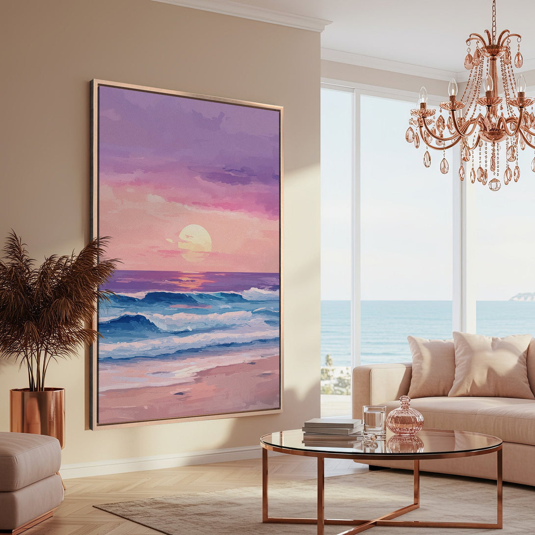Framed Wall Art: Coastal sunset canvas print in a modern living room. Features a calming seascape with pink, purple, and blue hues. Perfect for adding art to your home!