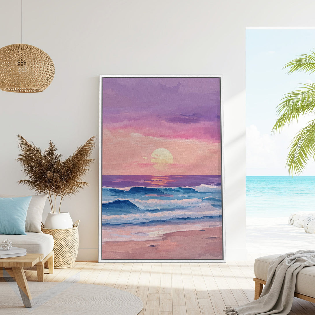 Framed Wall Art: Coastal sunset painting in pastel pinks, purples, and blues. Perfect for adding a serene, beachy vibe to your home decor.