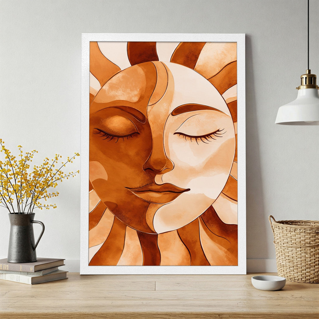 Framed Poster featuring a sun face design in warm orange tones. Boho style art print for home decor.