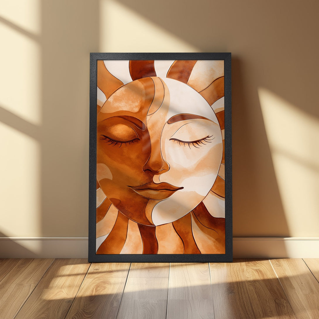 Framed Poster featuring a sun face art print in warm brown tones. Modern, minimalist style perfect for home decor.