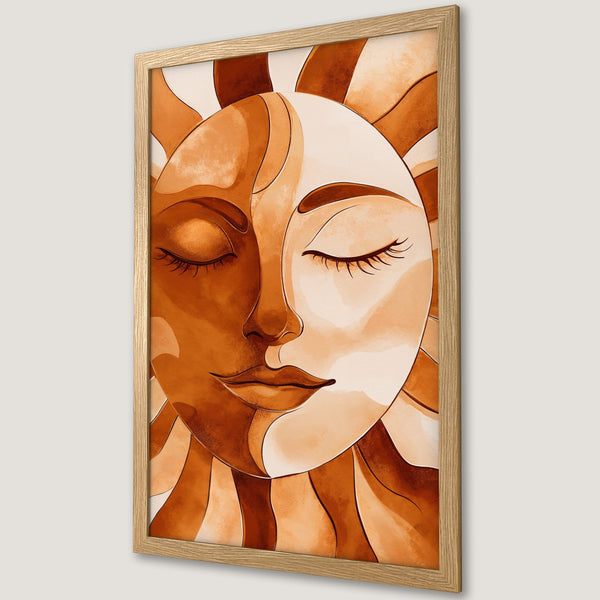 Framed Poster featuring a stylized sun face in warm orange and cream tones. Modern art print perfect for any space.