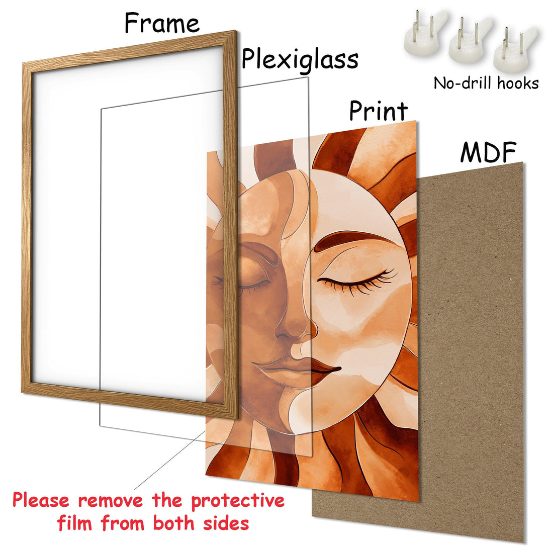Framed Poster featuring a serene face in warm orange tones, perfect for adding a touch of art to your space.