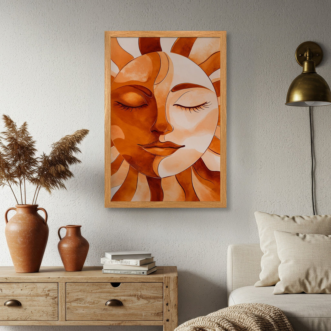 Framed Poster of sun face art in warm orange tones, perfect for boho decor. Add a touch of sunshine to your space!