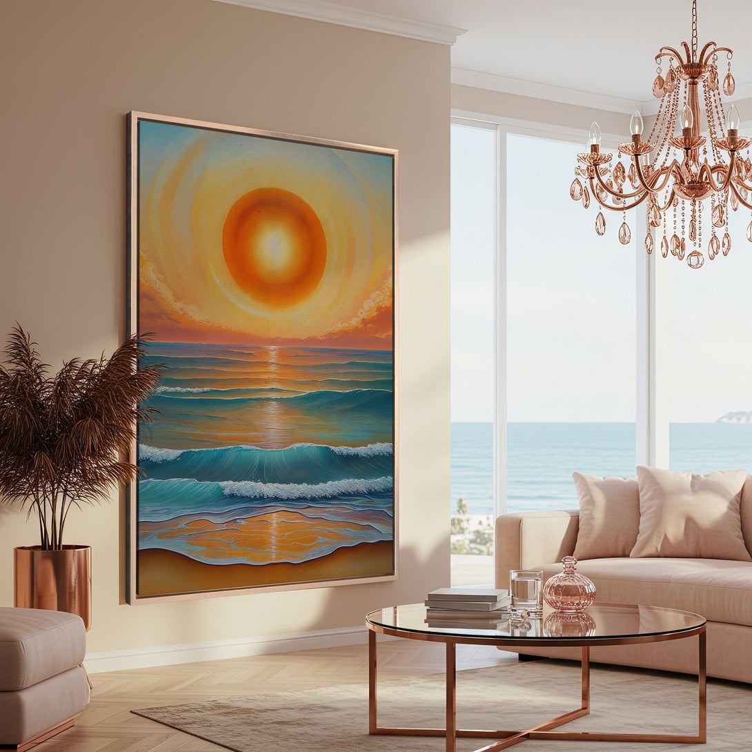 Framed Wall Art: Coastal sunset canvas print in a modern living room. Warm orange, blue, and gold color palette. Bring the beach home!