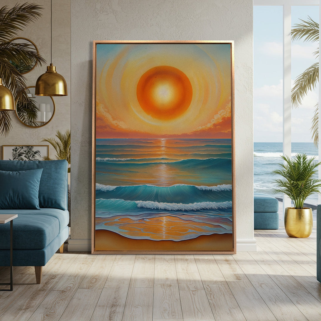 Framed Wall Art: Coastal sunset canvas print in warm orange & turquoise hues. Adds serene vibes to any space. Shop now for beach-inspired decor!